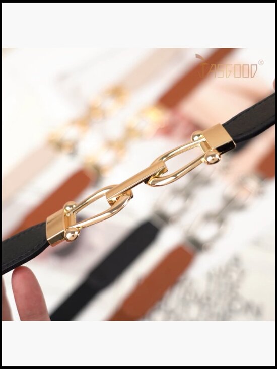 Women Skinny Elastic Stretch Waist Belt with Gold Buckle